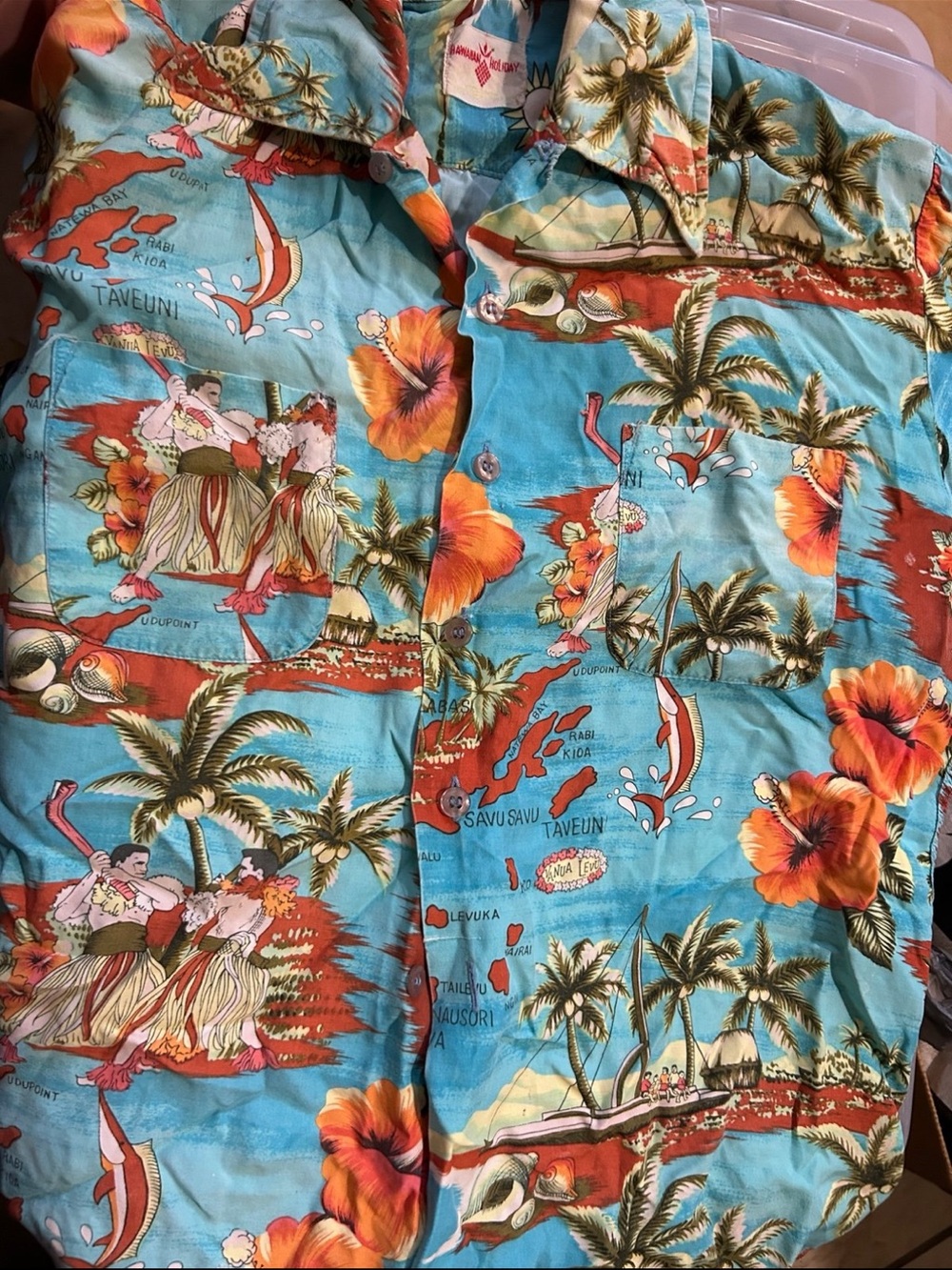 Tropical Blue Hawaiian Shirt with Orange Hibiscus Print